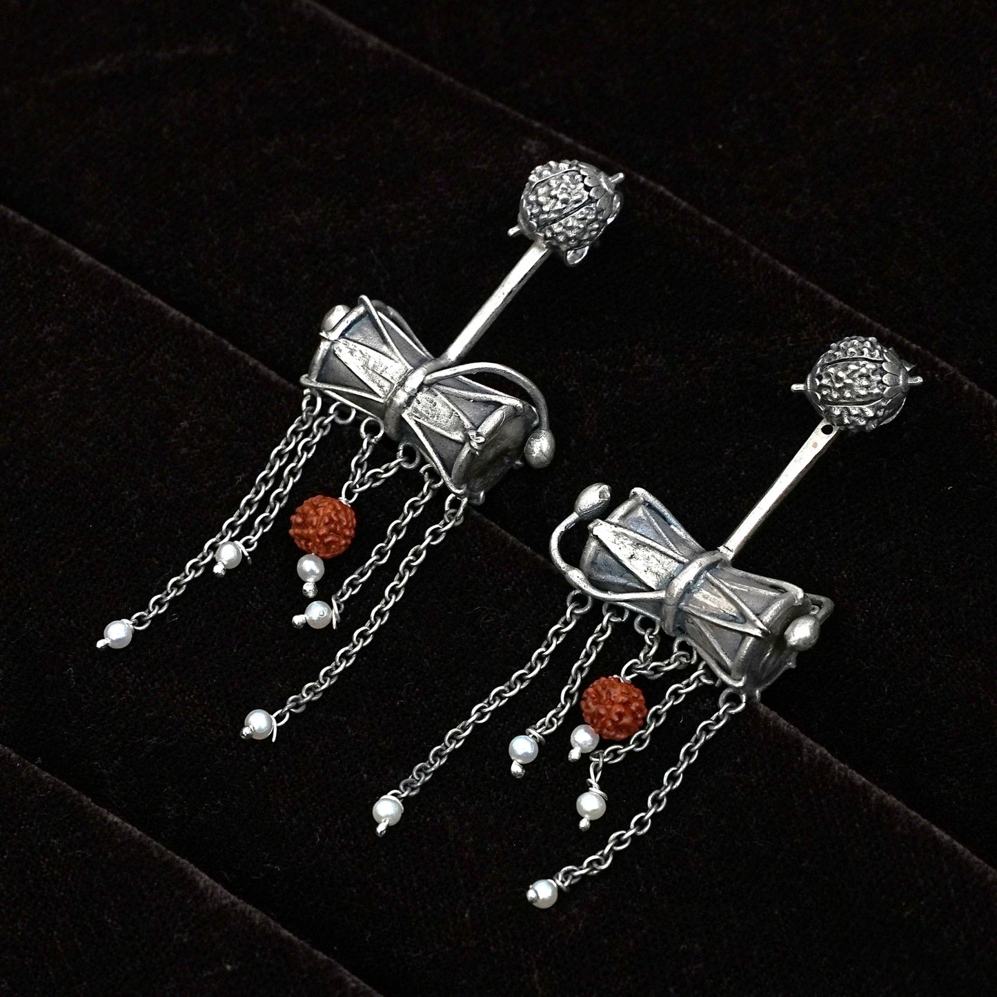 Sterling Silver Earrings – Damru Motif with Rudraksha Accent