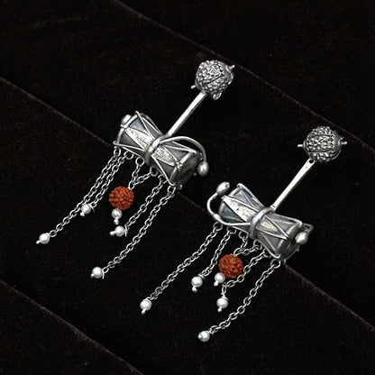 Sterling Silver Earrings – Damru Motif with Rudraksha Accent