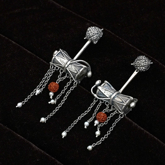 Sterling Silver Earrings – Damru Motif with Rudraksha Accent