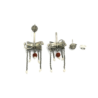 Sterling Silver Earrings – Damru Motif with Rudraksha Accent