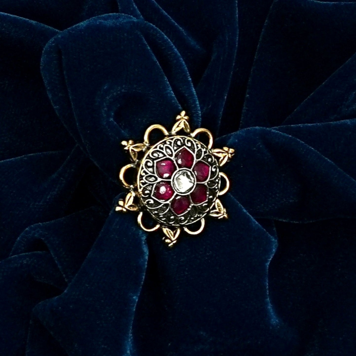 Sterling Silver Adjustable Ring – Red Floral Enamel Motif