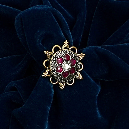 Sterling Silver Adjustable Ring – Red Floral Enamel Motif