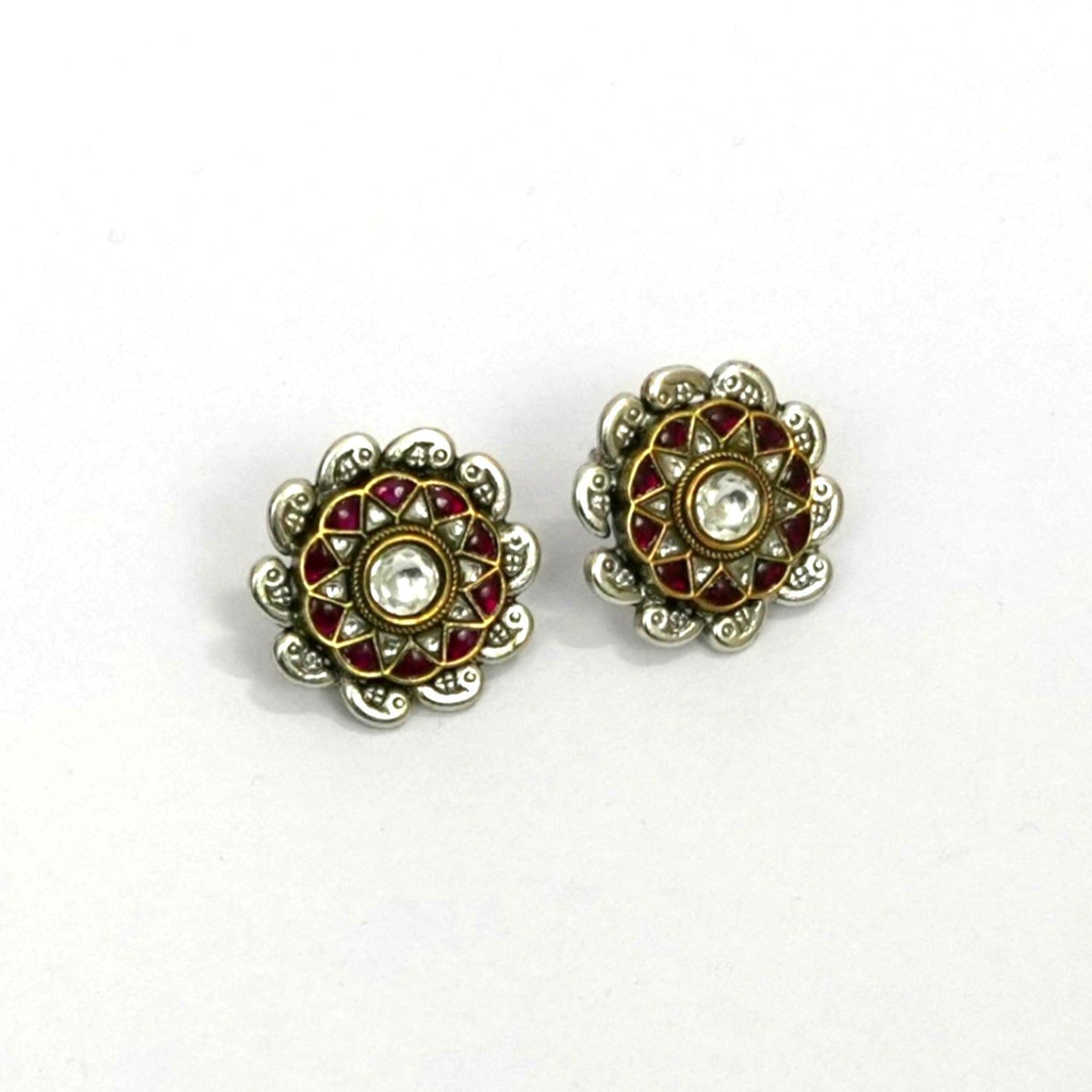 Sterling Silver Pendant Set – Floral Motif with Red Gemstones