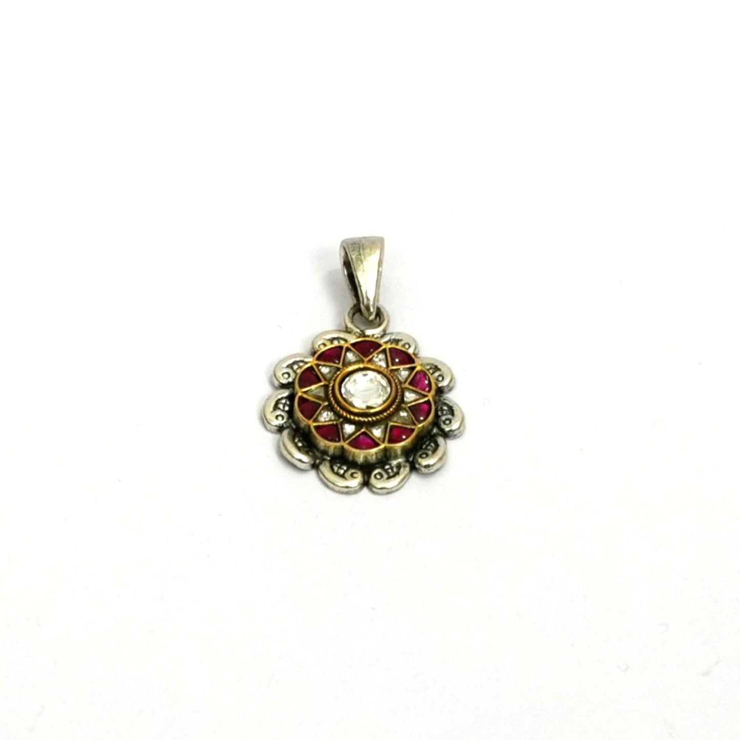 Sterling Silver Pendant Set – Floral Motif with Red Gemstones