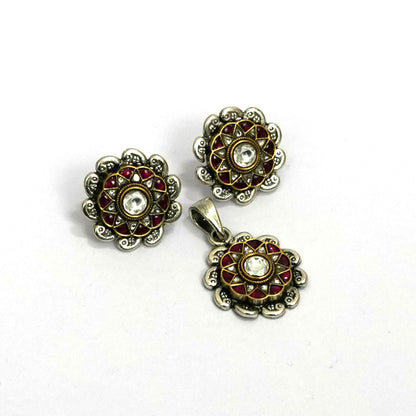 Sterling Silver Pendant Set – Floral Motif with Red Gemstones