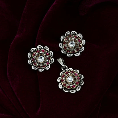 Sterling Silver Pendant Set – Floral Motif with Red Gemstones