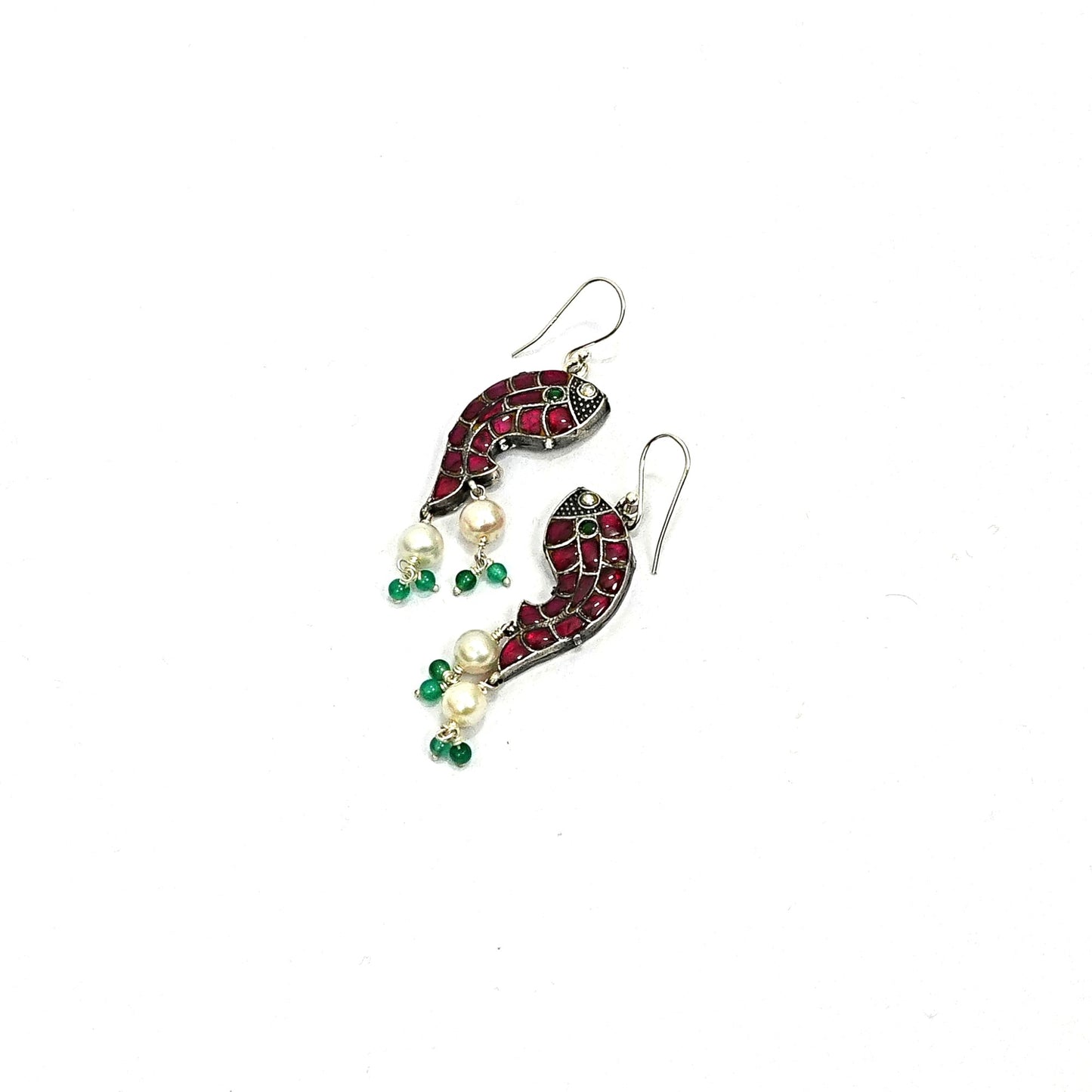 Sterling Silver Earrings – Fish Motif with Pink Enamel & Pearls