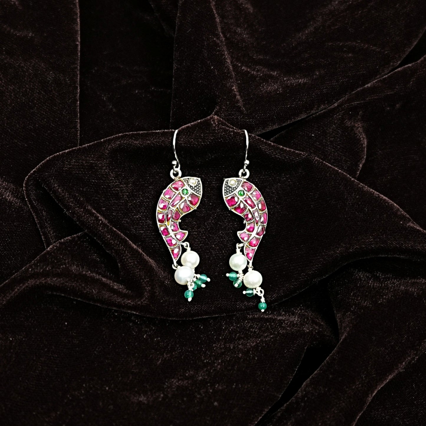 Sterling Silver Earrings – Fish Motif with Pink Enamel & Pearls