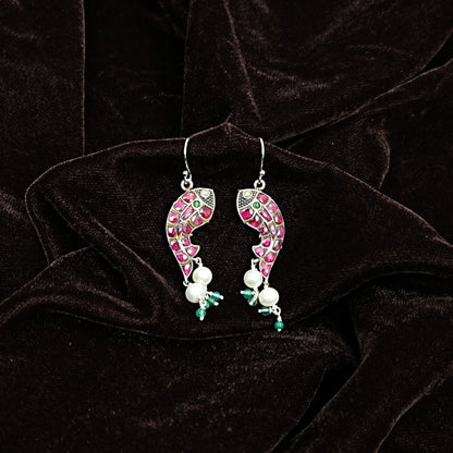 Sterling Silver Earrings – Fish Motif with Pink Enamel & Pearls