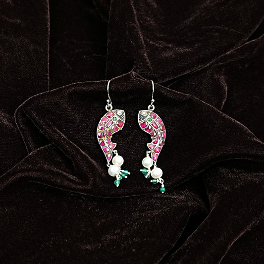 Sterling Silver Earrings – Fish Motif with Pink Enamel & Pearls