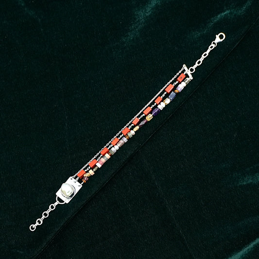 Sterling Silver Bracelet – Multicolor Beads with Ornamental Clasp