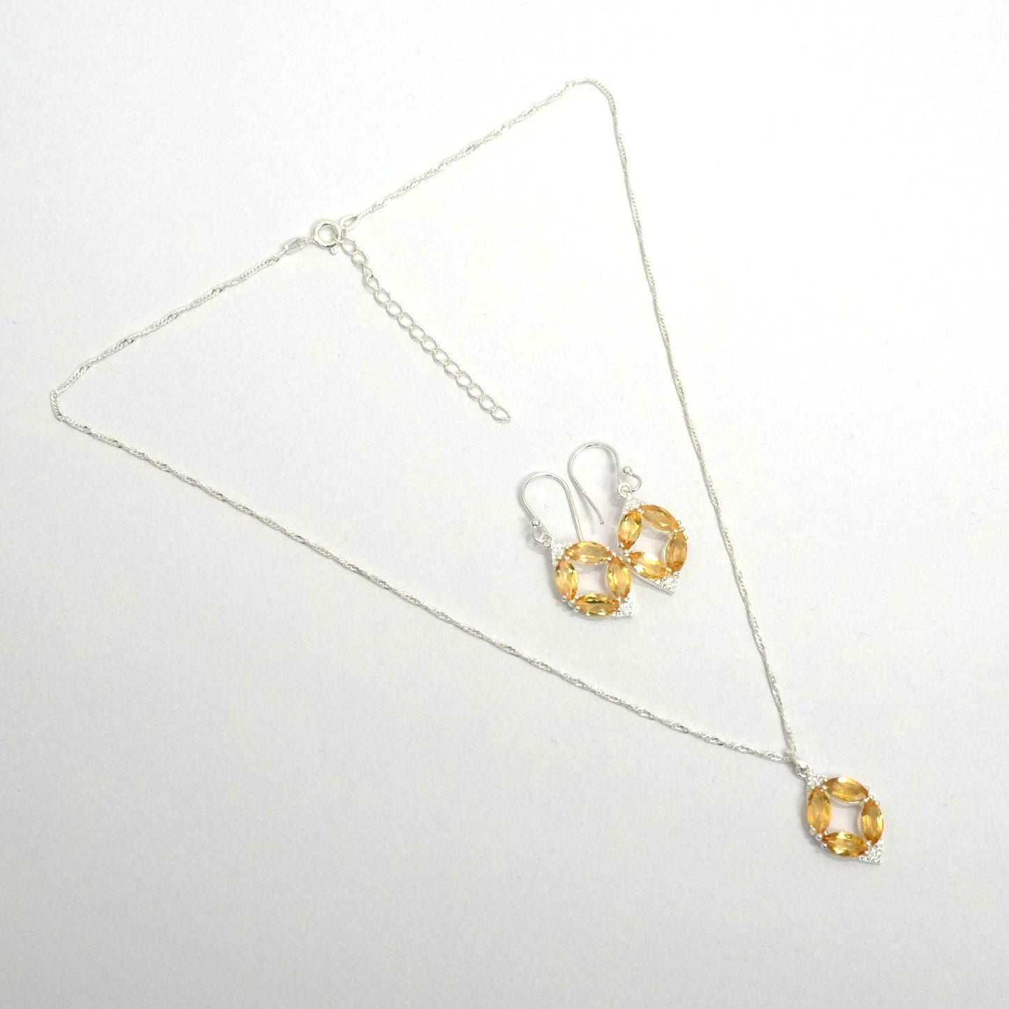 Sterling Silver Necklace Set – Citrine Gemstone Floral Motif