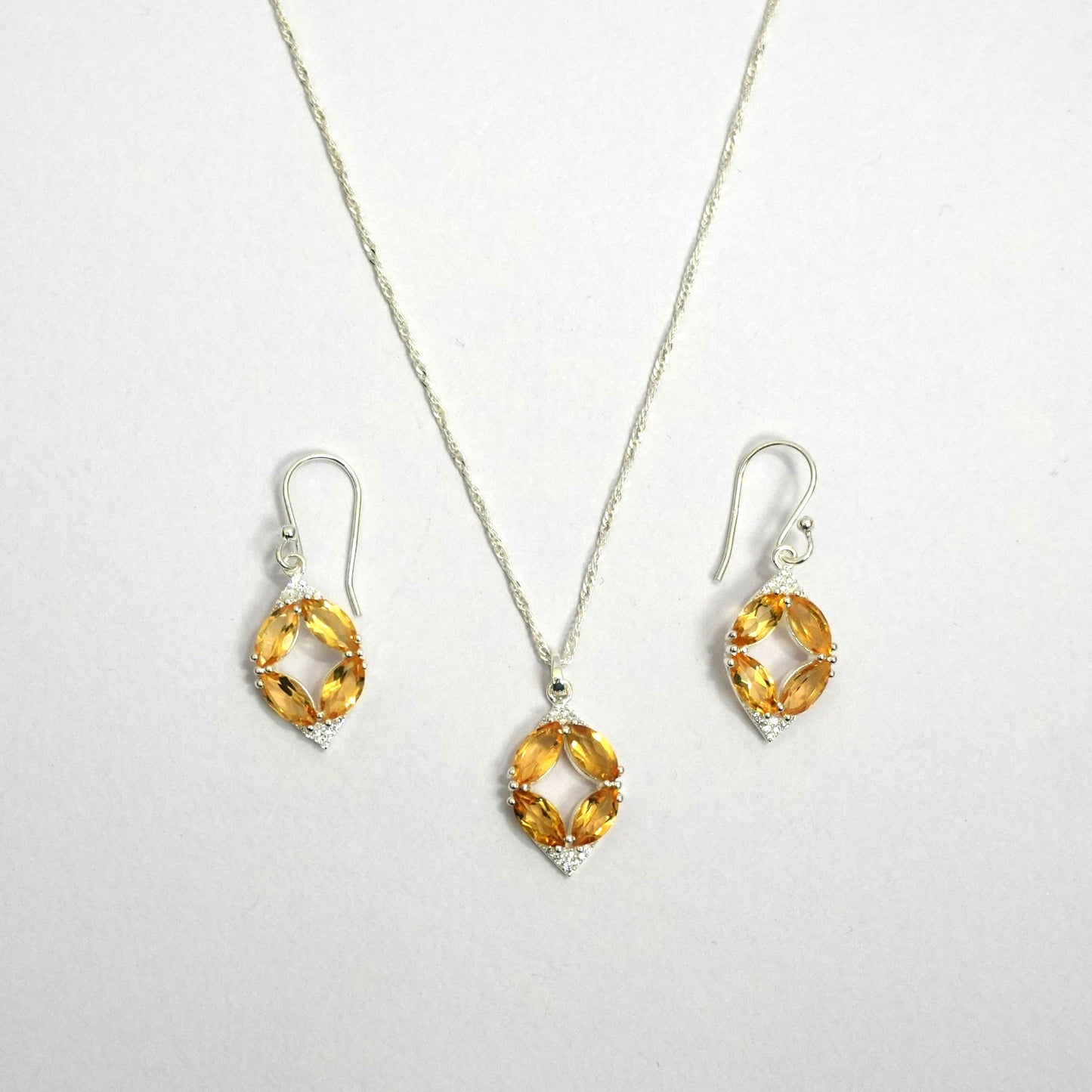 Sterling Silver Necklace Set – Citrine Gemstone Floral Motif