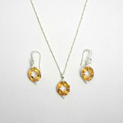 Sterling Silver Necklace Set – Citrine Gemstone Floral Motif
