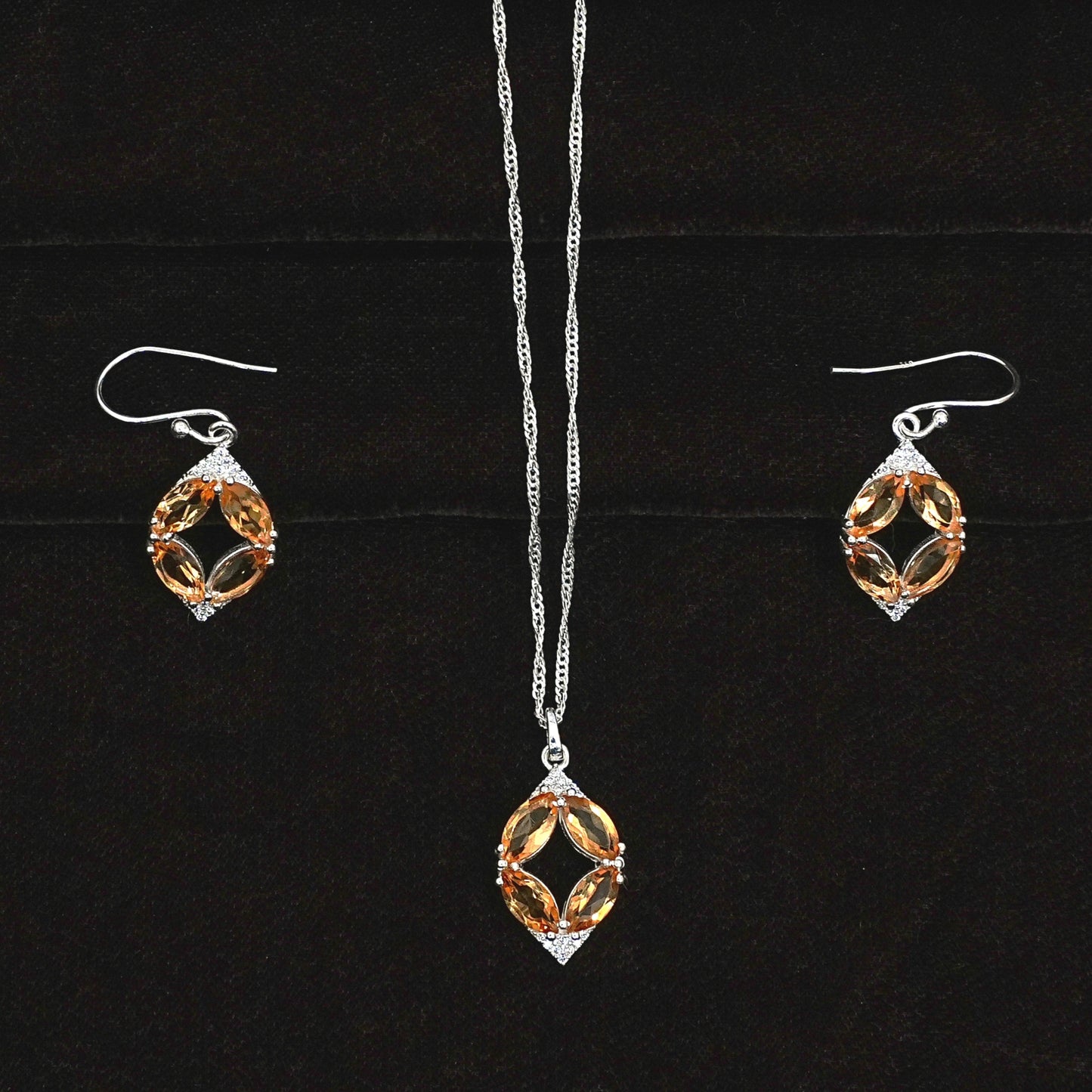 Sterling Silver Necklace Set – Citrine Gemstone Floral Motif