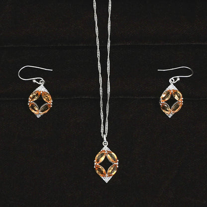 Sterling Silver Necklace Set – Citrine Gemstone Floral Motif