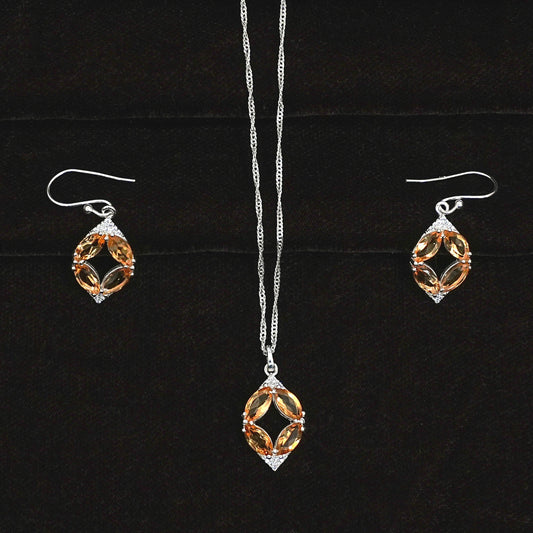 Sterling Silver Necklace Set – Citrine Gemstone Floral Motif
