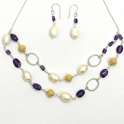 Amethyst & Freshwater Pearl Sterling Silver Necklace Set