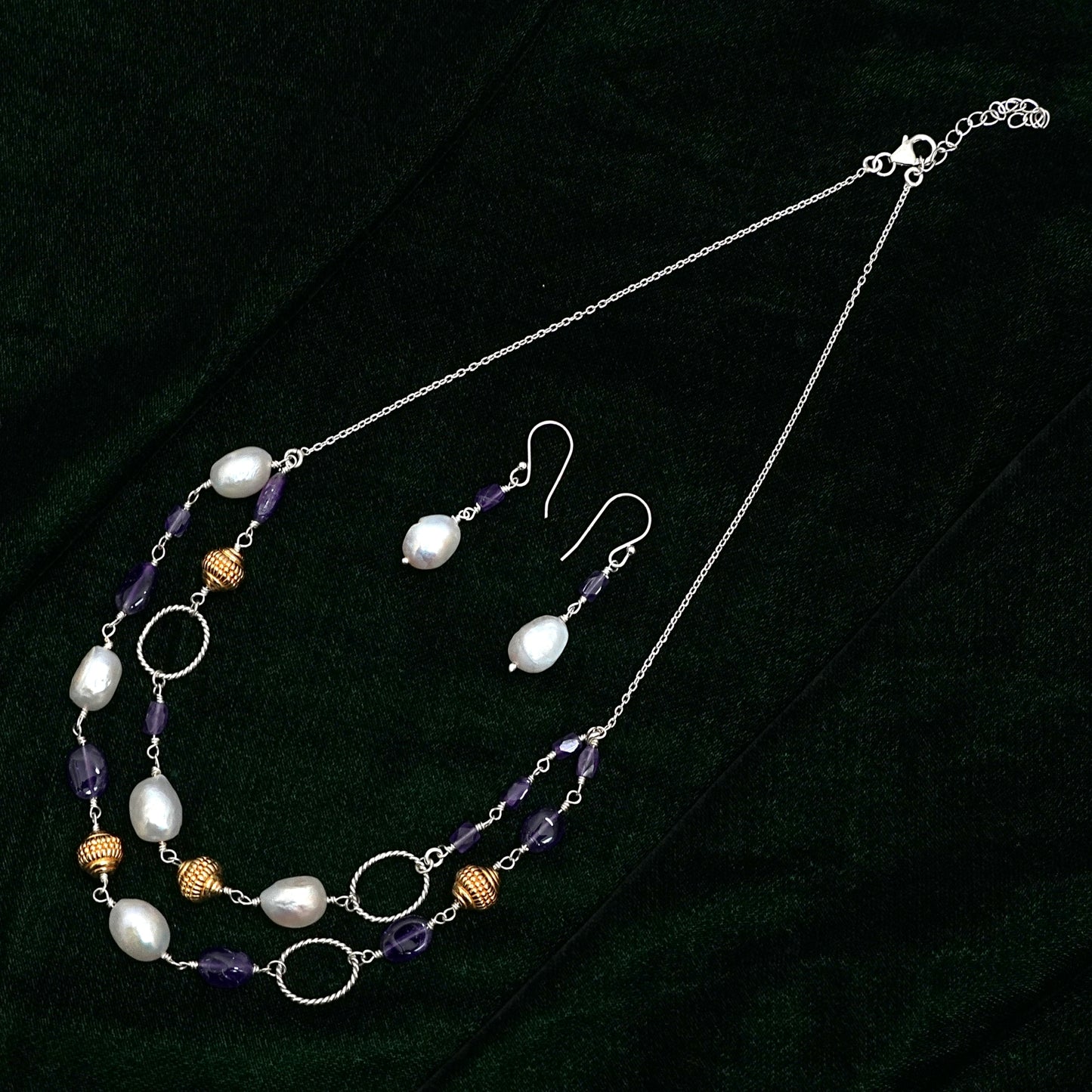 Amethyst & Freshwater Pearl Sterling Silver Necklace Set