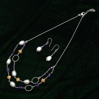 Amethyst & Freshwater Pearl Sterling Silver Necklace Set