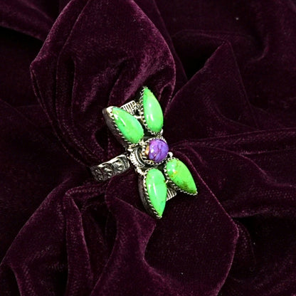 Green & Amethyst Aura Quartz Sterling Silver Statement Ring