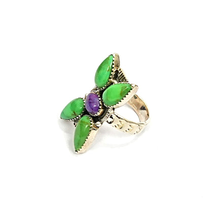 Green & Amethyst Aura Quartz Sterling Silver Statement Ring