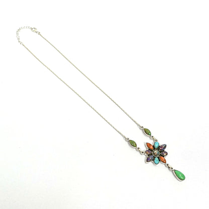 Multicolour Floral Gemstone Sterling Silver Necklace Set