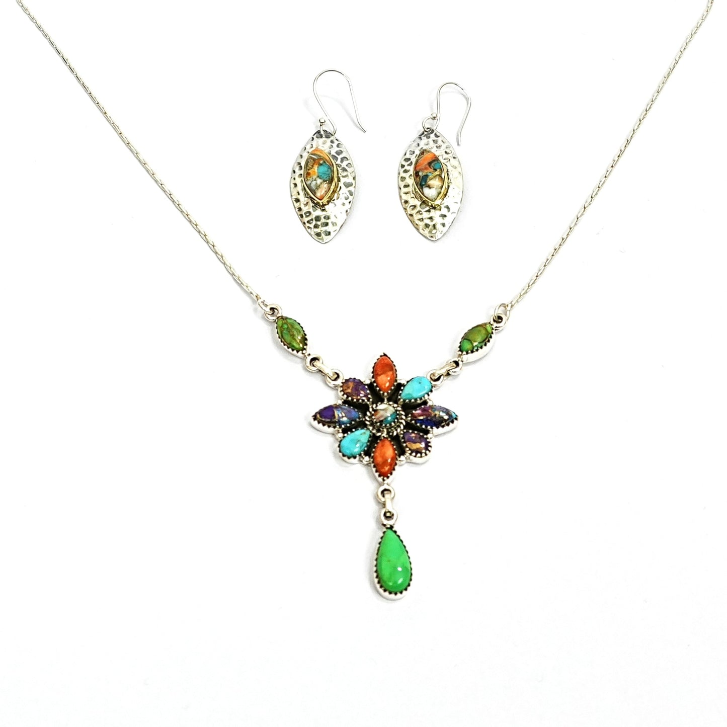 Multicolour Floral Gemstone Sterling Silver Necklace Set