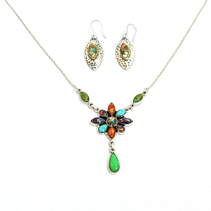 Multicolour Floral Gemstone Sterling Silver Necklace Set