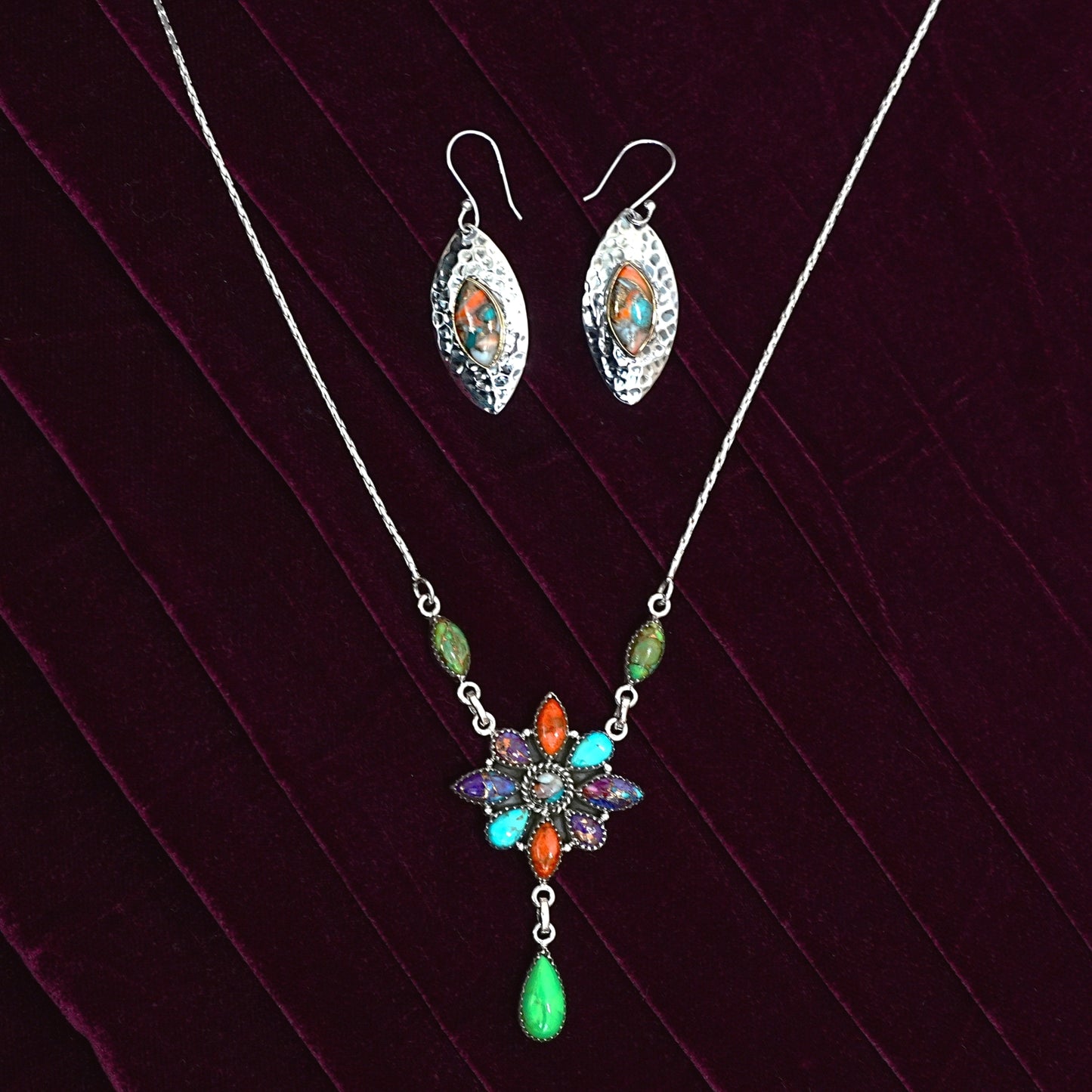Multicolour Floral Gemstone Sterling Silver Necklace Set
