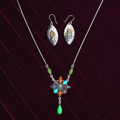 Multicolour Floral Gemstone Sterling Silver Necklace Set