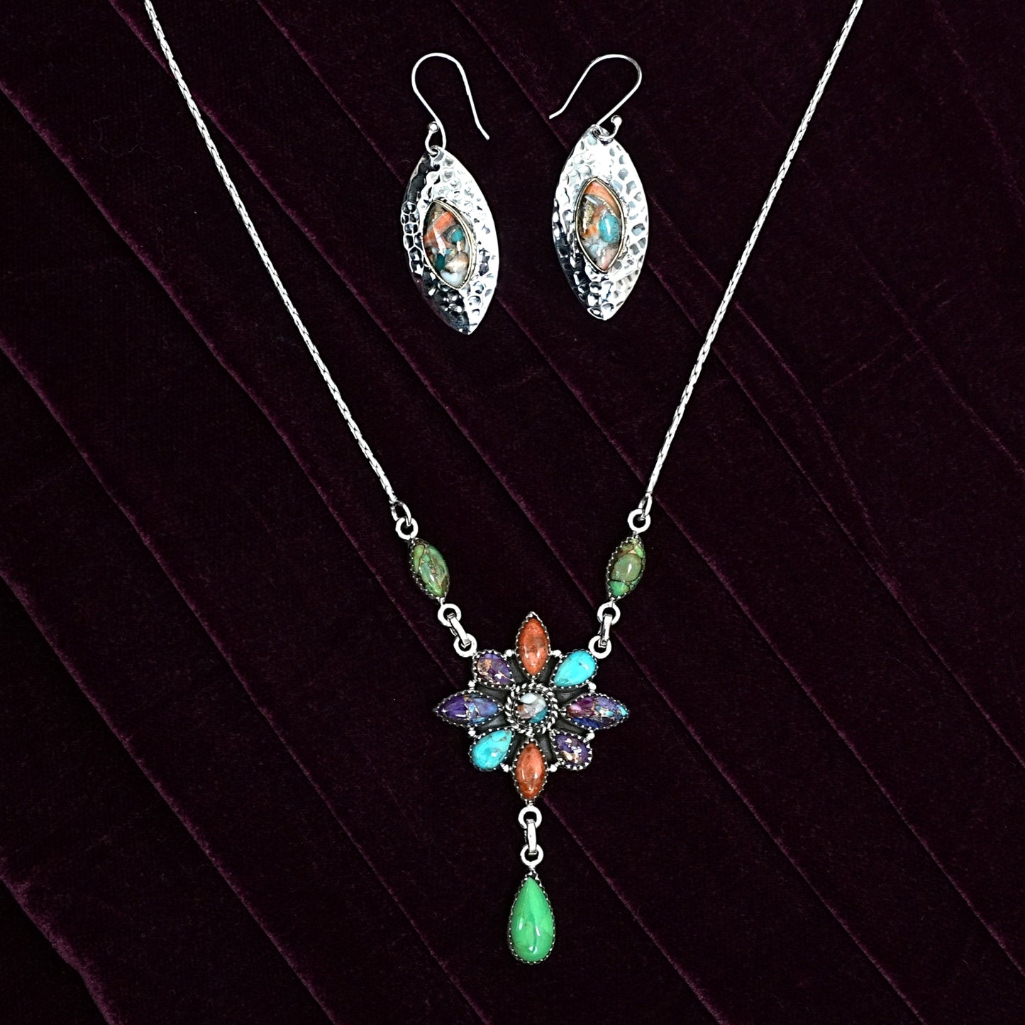 Multicolour Floral Gemstone Sterling Silver Necklace Set