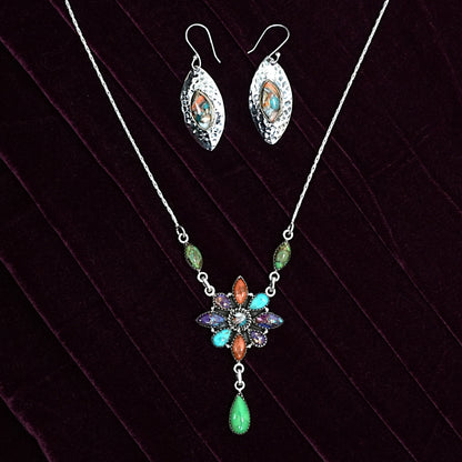 Multicolour Floral Gemstone Sterling Silver Necklace Set
