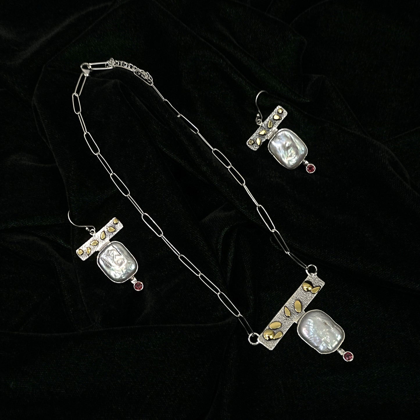 Aurelia Dual-Tone Pearl & Ruby Contemporary Necklace Set