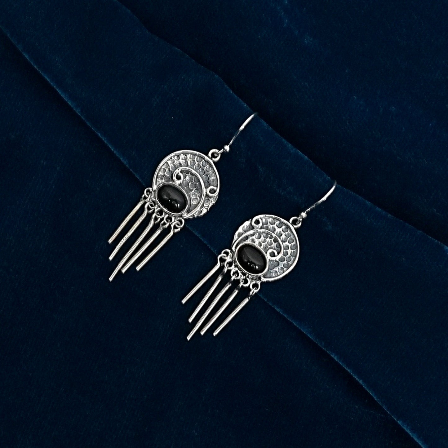 Sterling Silver Earrings – Textured Motif with Obsidian Crystals