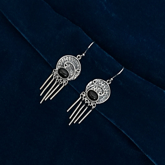 Sterling Silver Earrings – Textured Motif with Obsidian Crystals