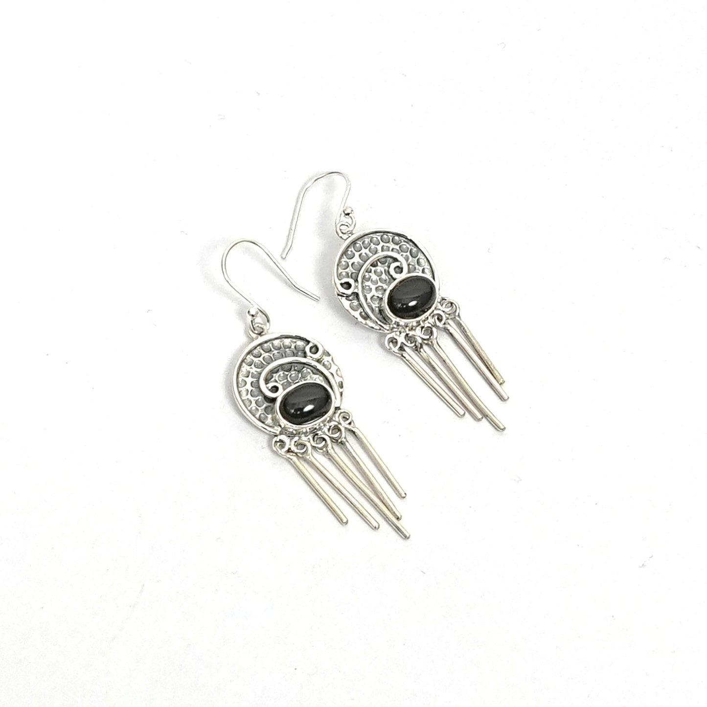 Sterling Silver Earrings – Textured Motif with Obsidian Crystals
