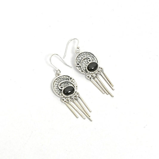 Sterling Silver Earrings – Textured Motif with Obsidian Crystals