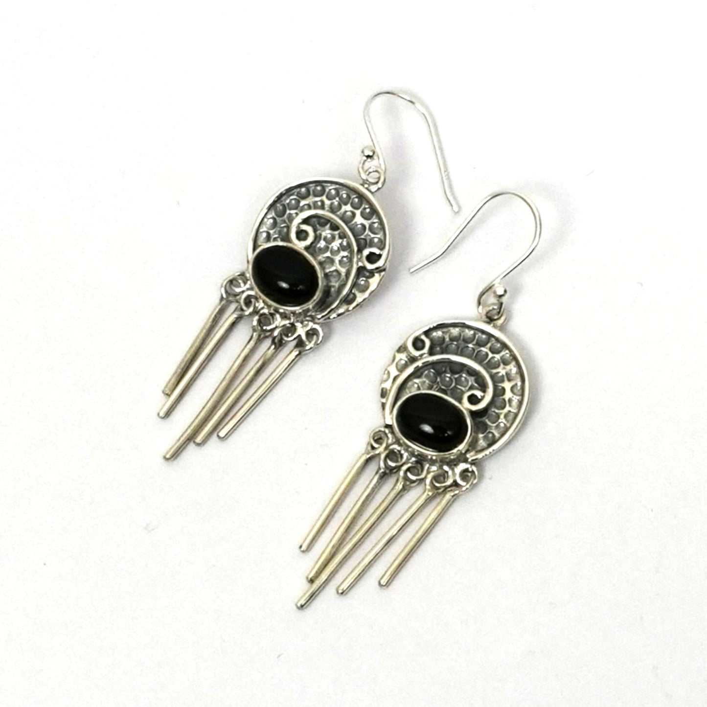 Sterling Silver Earrings – Textured Motif with Obsidian Crystals