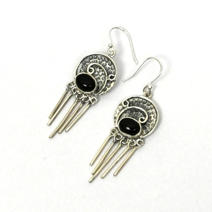 Sterling Silver Earrings – Textured Motif with Obsidian Crystals