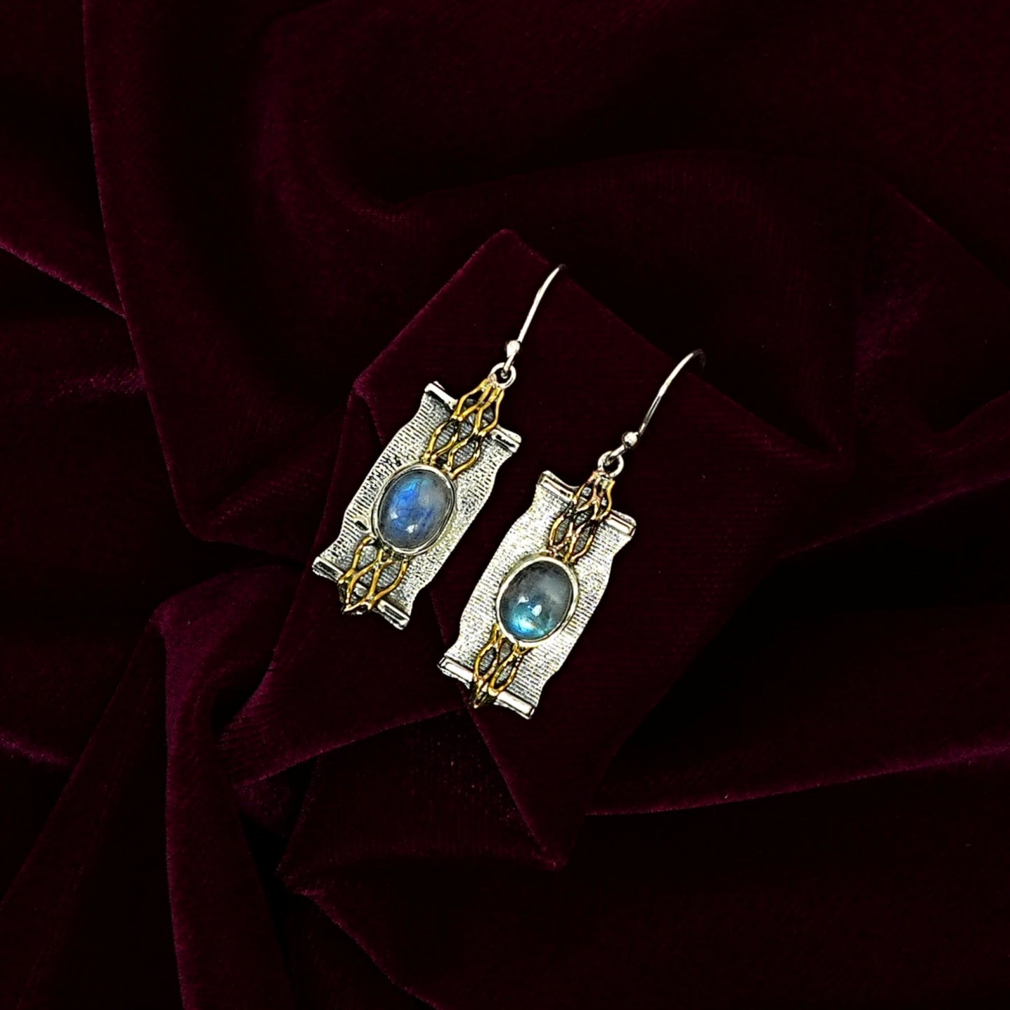 Sterling Silver Earrings – Rectangular Motif with Moonstones