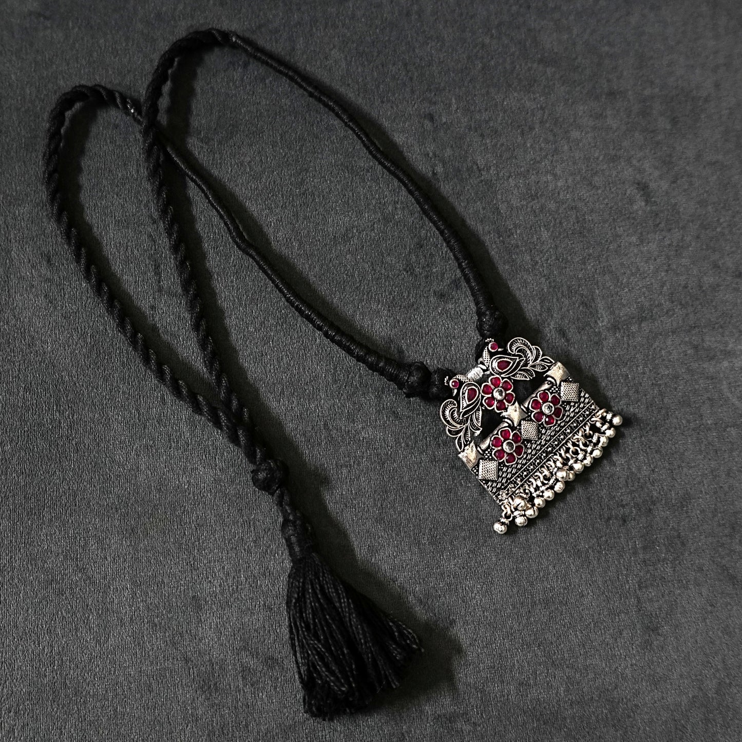 Sterling Silver Necklace – Floral Motif with Dark Pink Ruby Gemstones