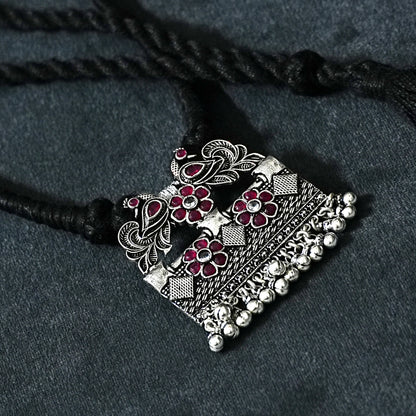Sterling Silver Necklace – Floral Motif with Dark Pink Ruby Gemstones