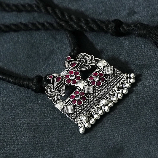 Sterling Silver Necklace – Floral Motif with Dark Pink Ruby Gemstones