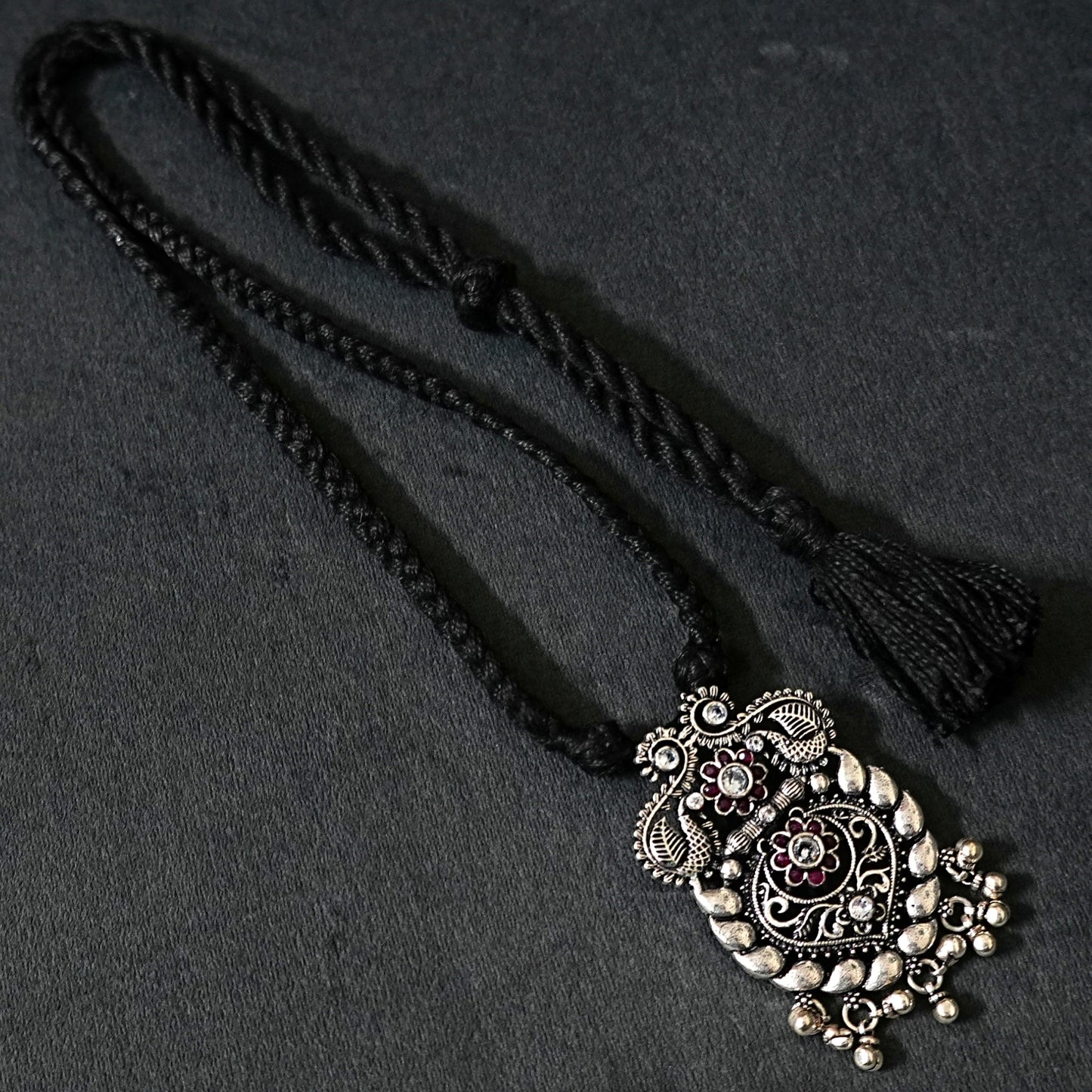 Sterling Silver Necklace – Floral & Paisley Motif with Red Gemstones