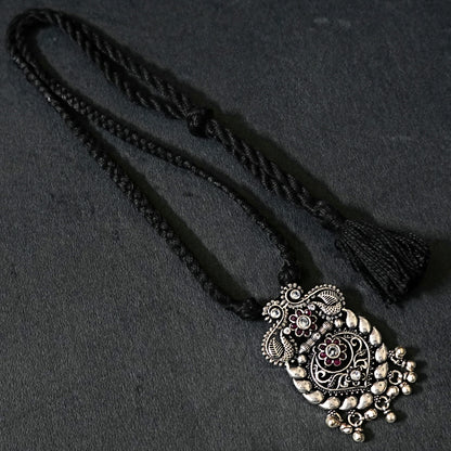 Sterling Silver Necklace – Floral & Paisley Motif with Red Gemstones