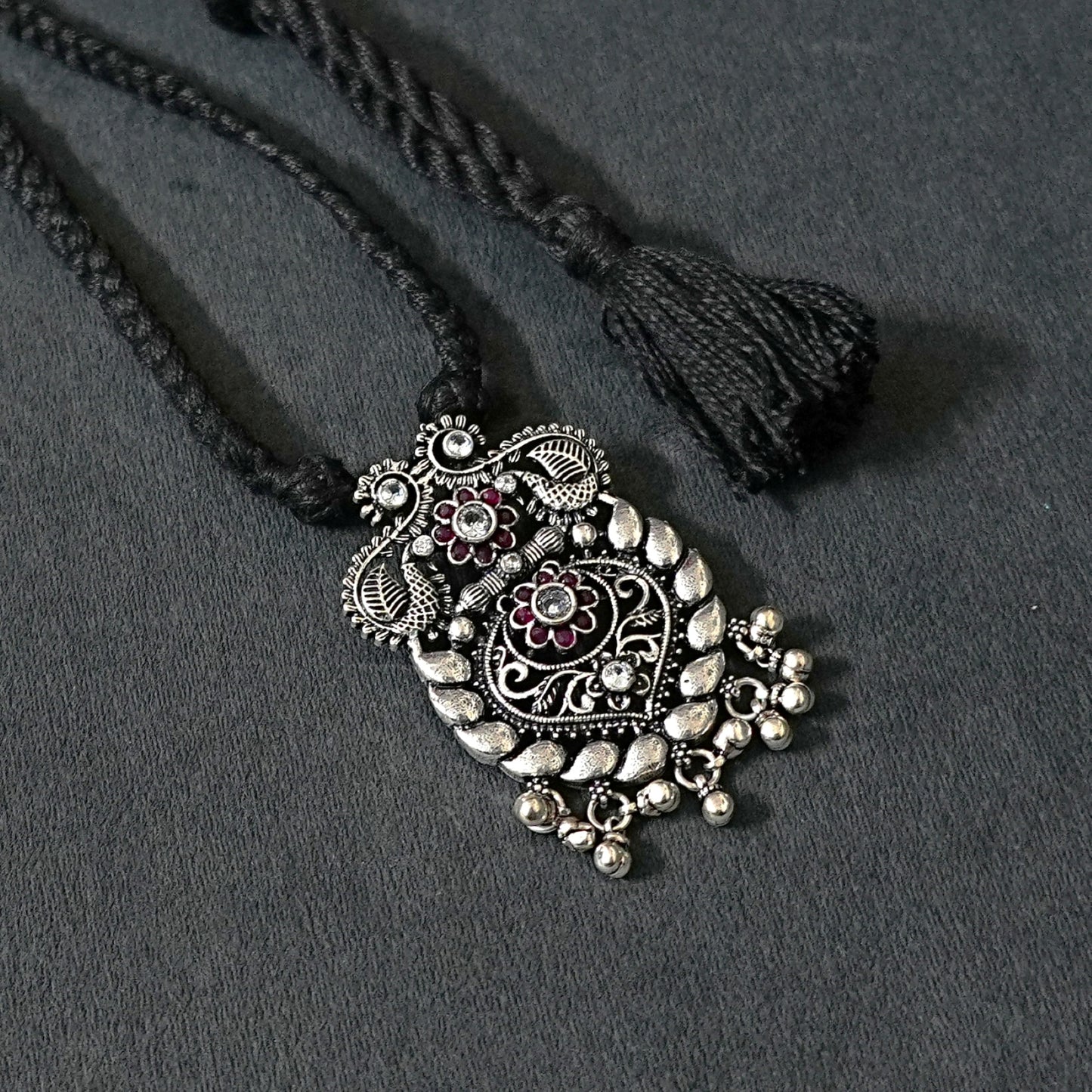 Sterling Silver Necklace – Floral & Paisley Motif with Red Gemstones
