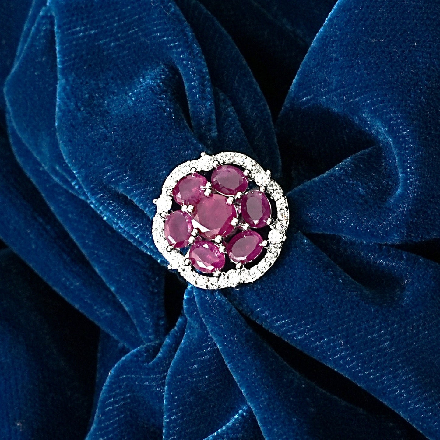 Sterling Silver Ruby Cocktail Ring – Adjustable with CZ Accents