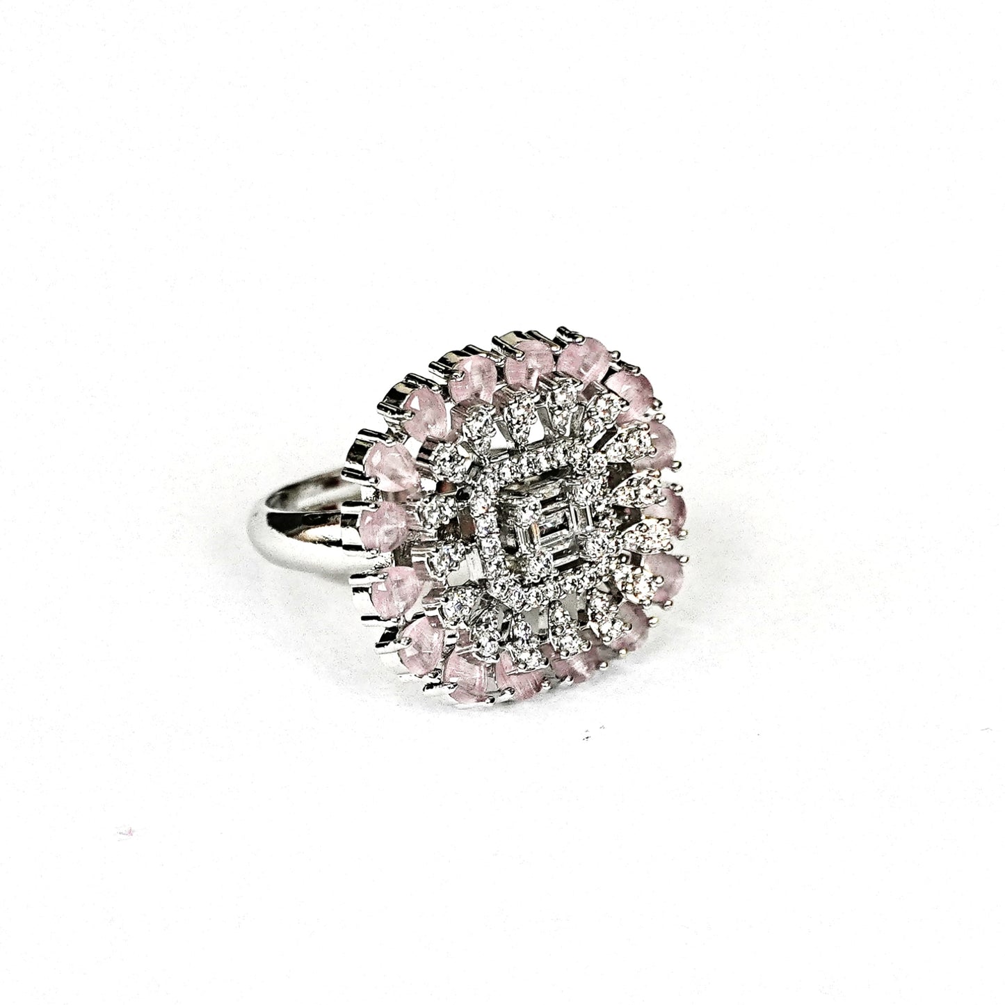 Sterling Silver Light Pink Cocktail Ring – Adjustable with CZ Accents