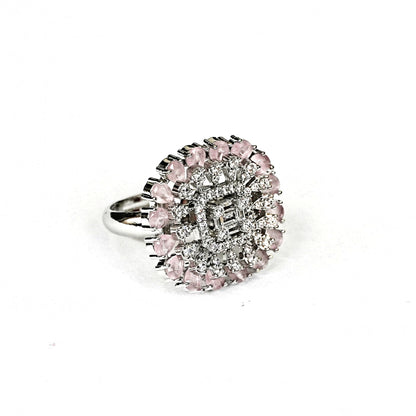 Sterling Silver Light Pink Cocktail Ring – Adjustable with CZ Accents